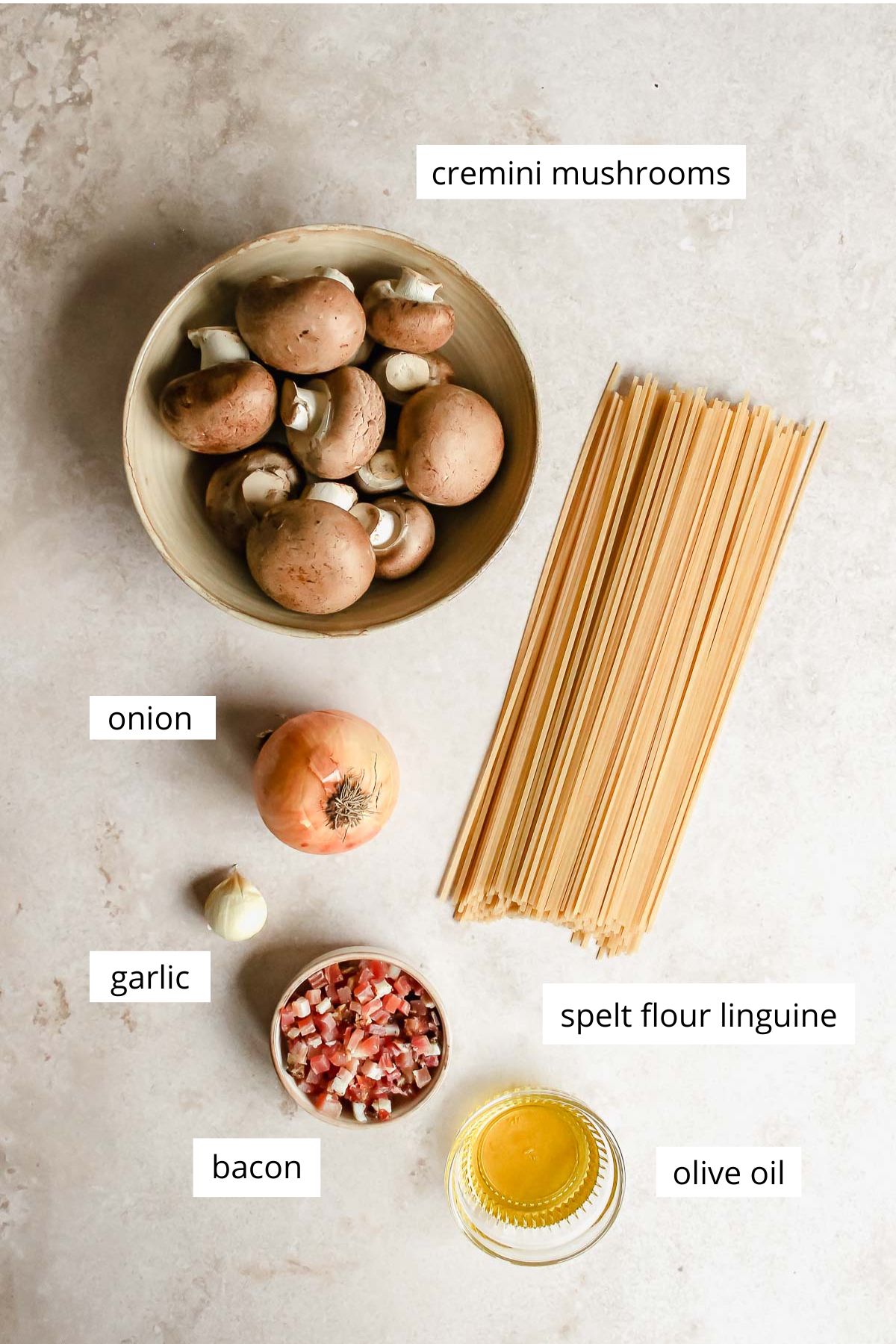 ingredients for bacon and mushroom linguine.